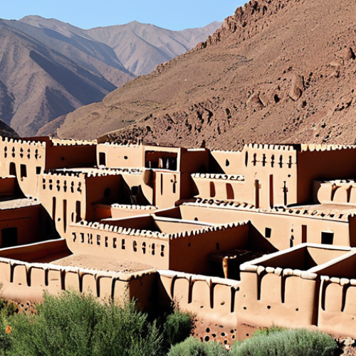 Home 6 A beautifully restored traditional mud-brick village in the Atlas Mountains, now a luxury eco-lodge, blending seamlessly with the natural landscape. Tourists are interacting with local artisans, learning about traditional crafts. Focus on the preservation of cultural heritage and sustainable tourism. Include elements of local Arabic design.