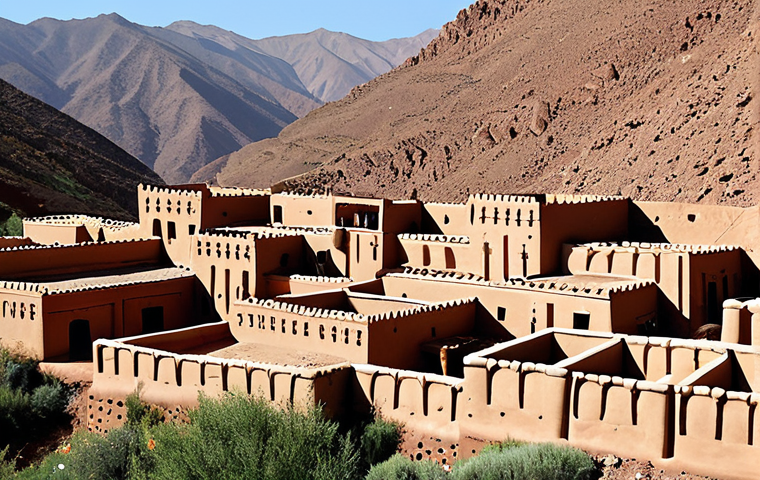 A beautifully restored traditional mud-brick village in the Atlas Mountains, now a luxury eco-lodge, blending seamlessly with the natural landscape. Tourists are interacting with local artisans, learning about traditional crafts. Focus on the preservation of cultural heritage and sustainable tourism. Include elements of local Arabic design.